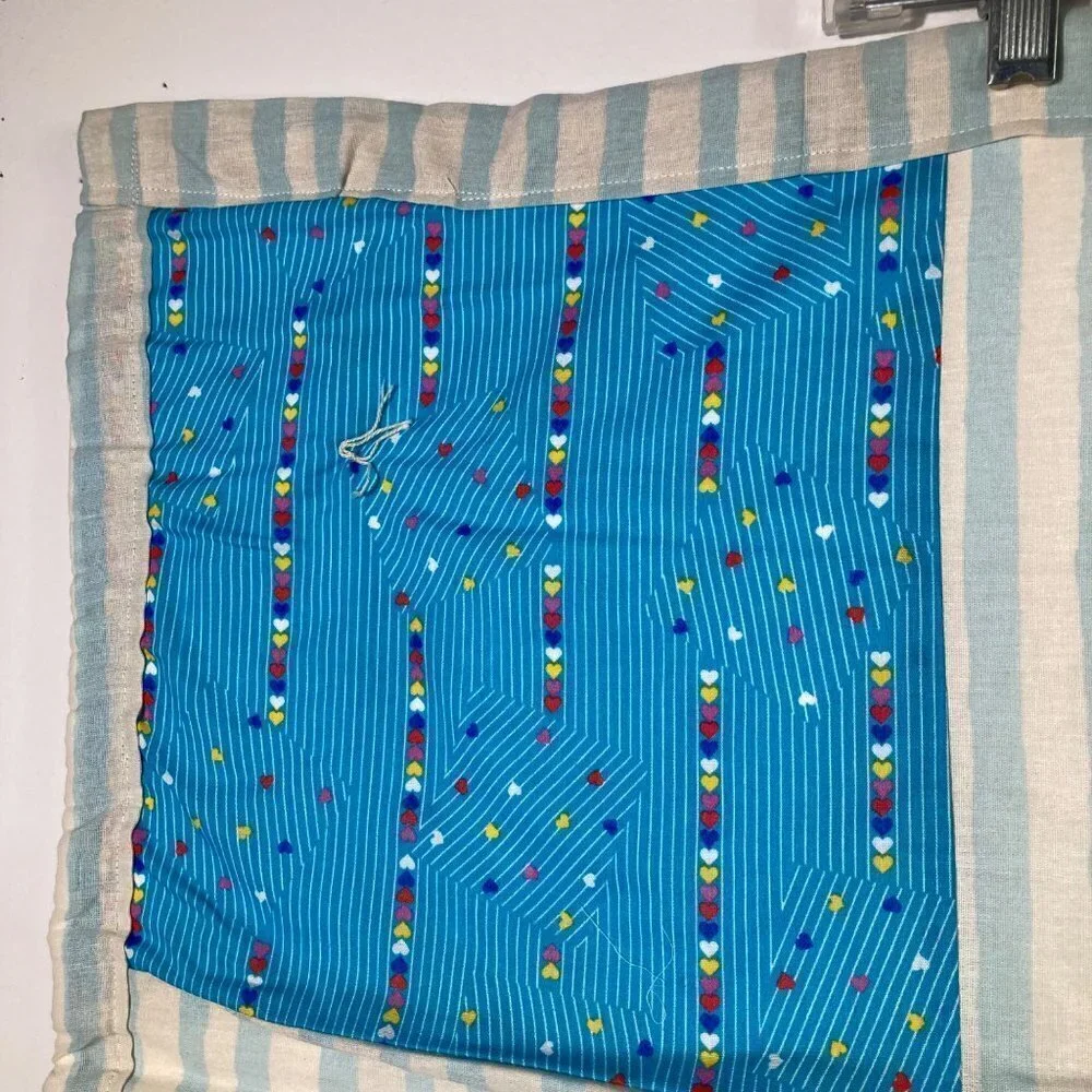 Handmade Hand Tied Baby Quilt Large Squares Stripes & Hearts‎ Blue 34 x 43